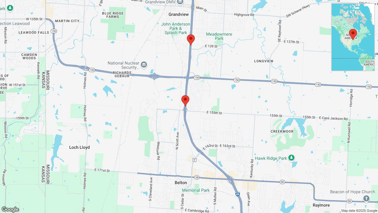 A detailed map that shows the affected road due to 'Heavy snowfall on northbound I-40/US-71 in Grandview' on February 18th at 3:46 p.m.
