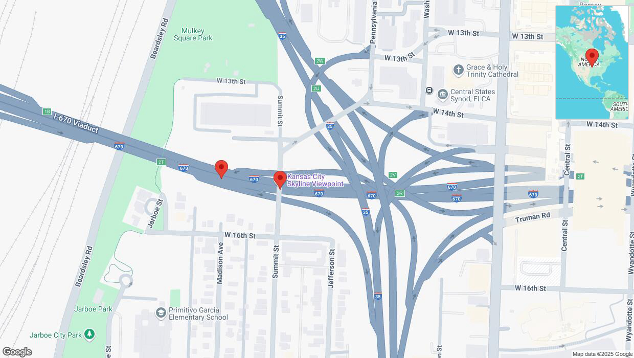 A detailed map that shows the affected road due to 'Crash reported on eastbound I-670 in Kansas City' on February 18th at 5:22 p.m.