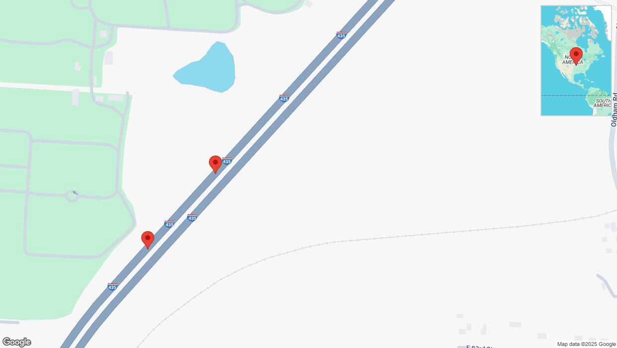 A detailed map that shows the affected road due to 'Broken down vehicle on southbound I-435 in Kansas City' on February 18th at 3:59 p.m.