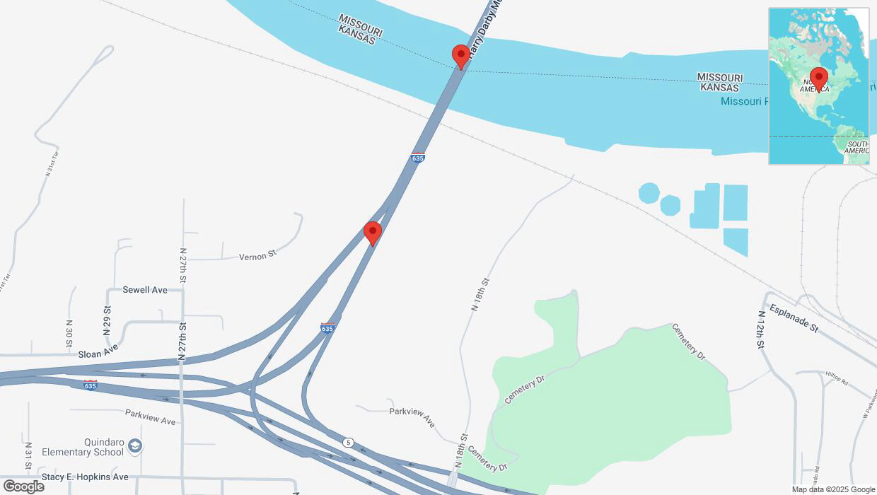 A detailed map that shows the affected road due to 'Warning: Crash on northbound I-635 in Kansas City' on February 18th at 4:05 p.m.