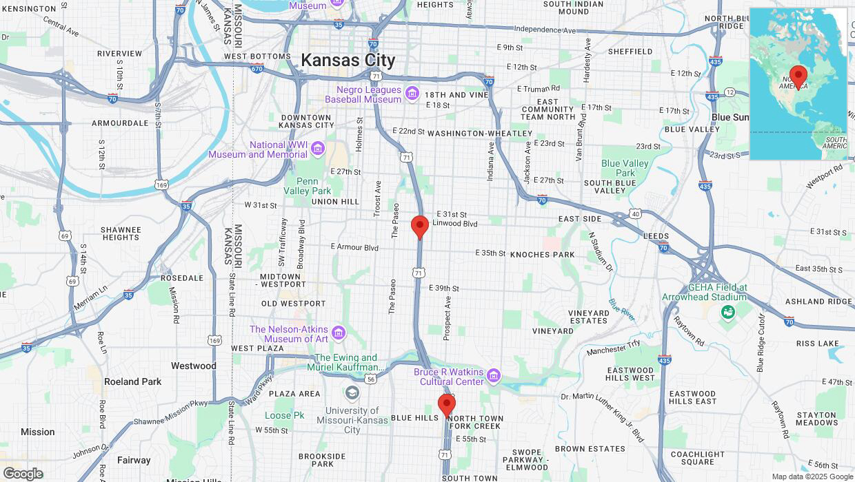 A detailed map that shows the affected road due to 'Heavy snowfall on southbound US-71 South in Kansas City' on February 18th at 4:05 p.m.