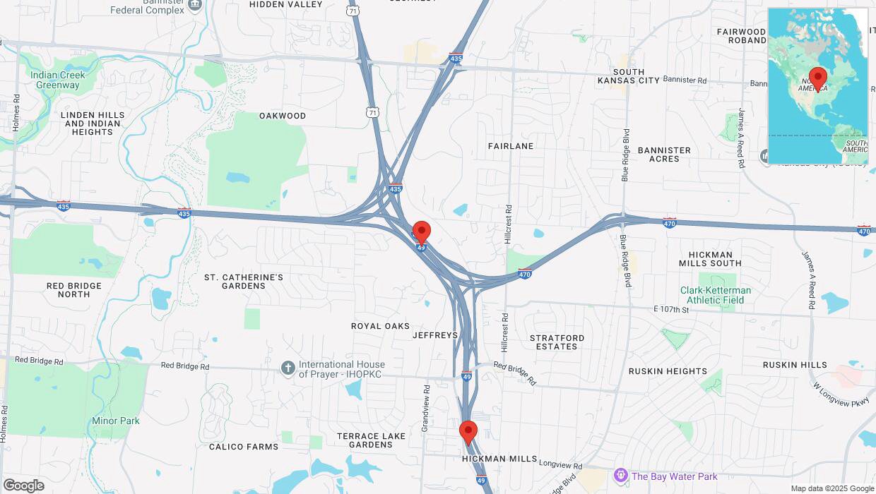 A detailed map that shows the affected road due to 'Heavy snowfall on southbound I-40/US-71 in Kansas City' on February 18th at 4:05 p.m.