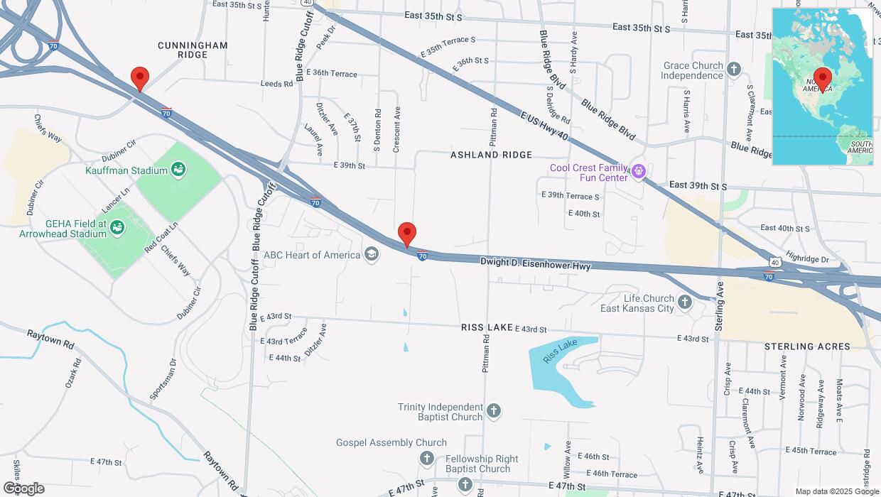 A detailed map that shows the affected road due to 'Heavy snowfall on westbound I-70 in Kansas City' on February 18th at 4:05 p.m.