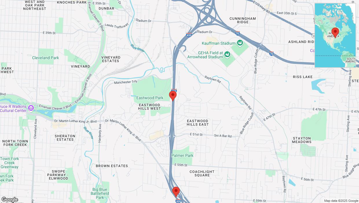 A detailed map that shows the affected road due to 'Heavy snowfall on southbound I-435 in Kansas City' on February 18th at 4:11 p.m.