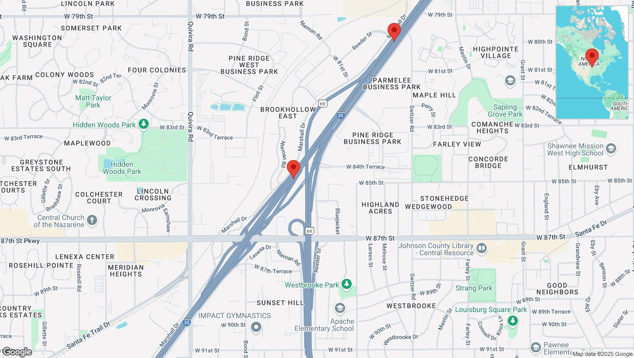 A detailed map that shows the affected road due to 'Heavy snowfall on eastbound I-35 in Overland Park' on February 18th at 4:17 p.m.