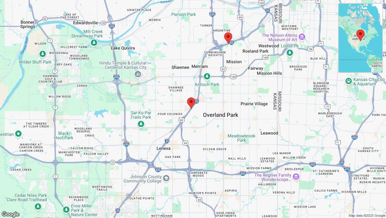 A detailed map that shows the affected road due to 'Heavy snowfall on eastbound I-35 in Overland Park' on February 18th at 4:17 p.m.