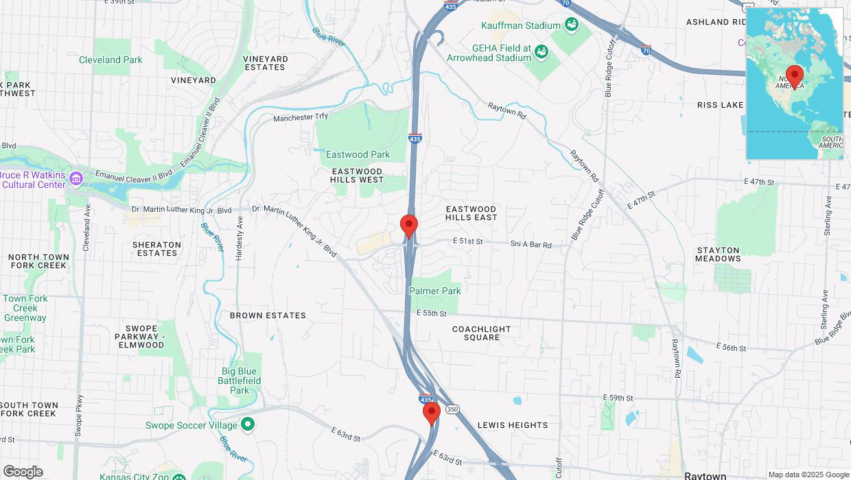 A detailed map that shows the affected road due to 'Heavy snowfall on southbound I-435 in Kansas City' on February 18th at 4:23 p.m.