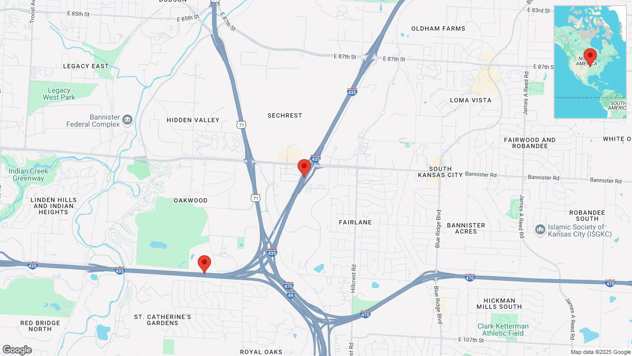 A detailed map that shows the affected road due to 'Heavy snowfall on southbound I-435 in Kansas City' on February 18th at 4:23 p.m.