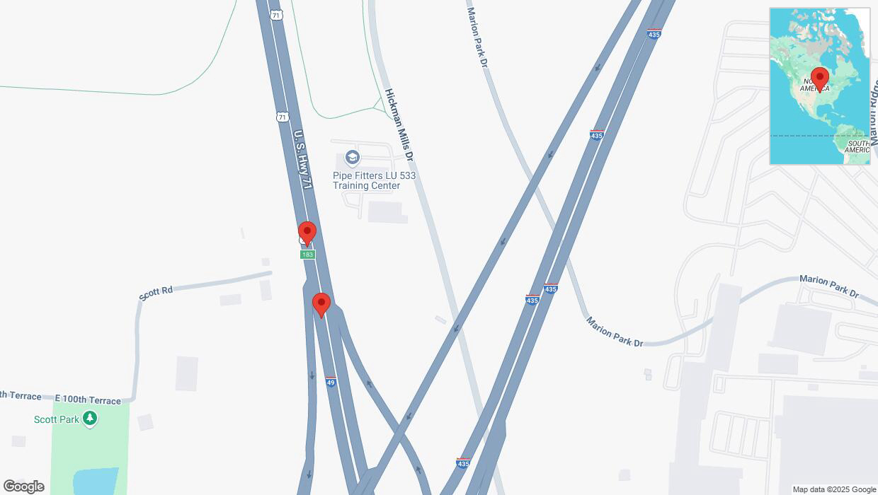 A detailed map that shows the affected road due to 'Warning in Kansas City: Crash reported on southbound I-40/US-71' on February 18th at 4:35 p.m.