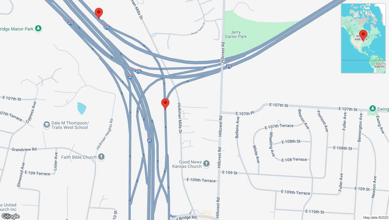 A detailed map that shows the affected road due to 'Heavy snowfall on Hickman Mills Drive in Kansas City' on February 18th at 4:41 p.m.