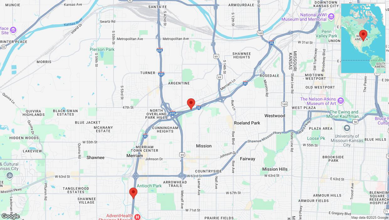 A detailed map that shows the affected road due to 'Heavy snowfall on westbound I-35 in Shawnee' on February 18th at 4:47 p.m.