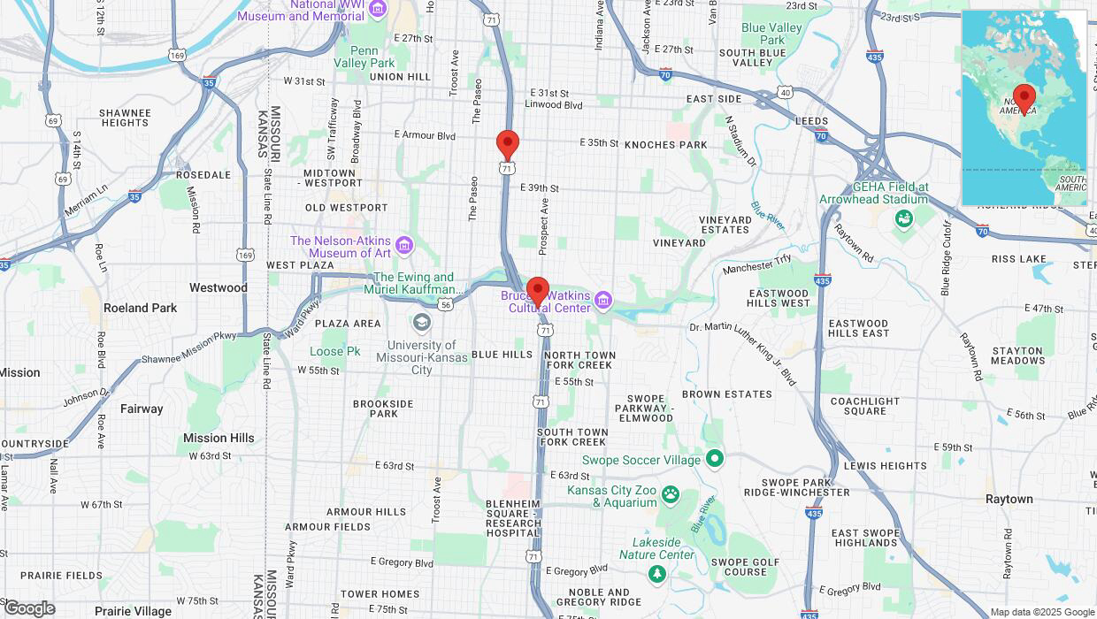 A detailed map that shows the affected road due to 'Heavy snowfall on northbound the Bruce R Watkins Expressway/US-71 in Kansas City' on February 18th at 4:58 p.m.
