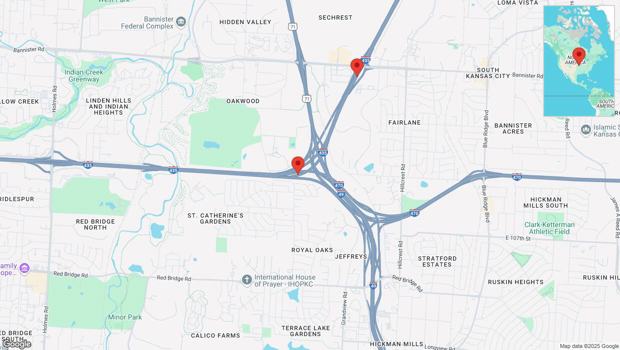 A detailed map that shows the affected road due to 'Heavy snowfall on northbound I-435 in Kansas City' on February 18th at 4:58 p.m.