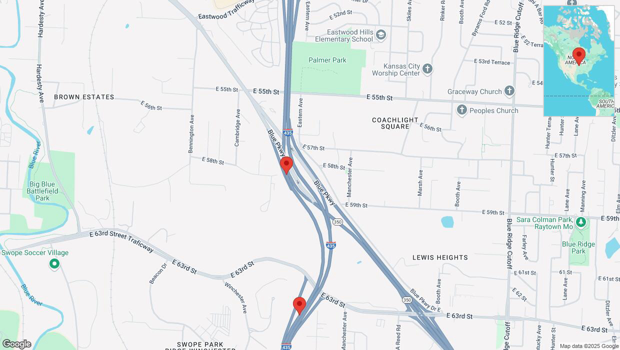 A detailed map that shows the affected road due to 'Warning: Crash on southbound I-435 in Kansas City' on February 18th at 4:58 p.m.