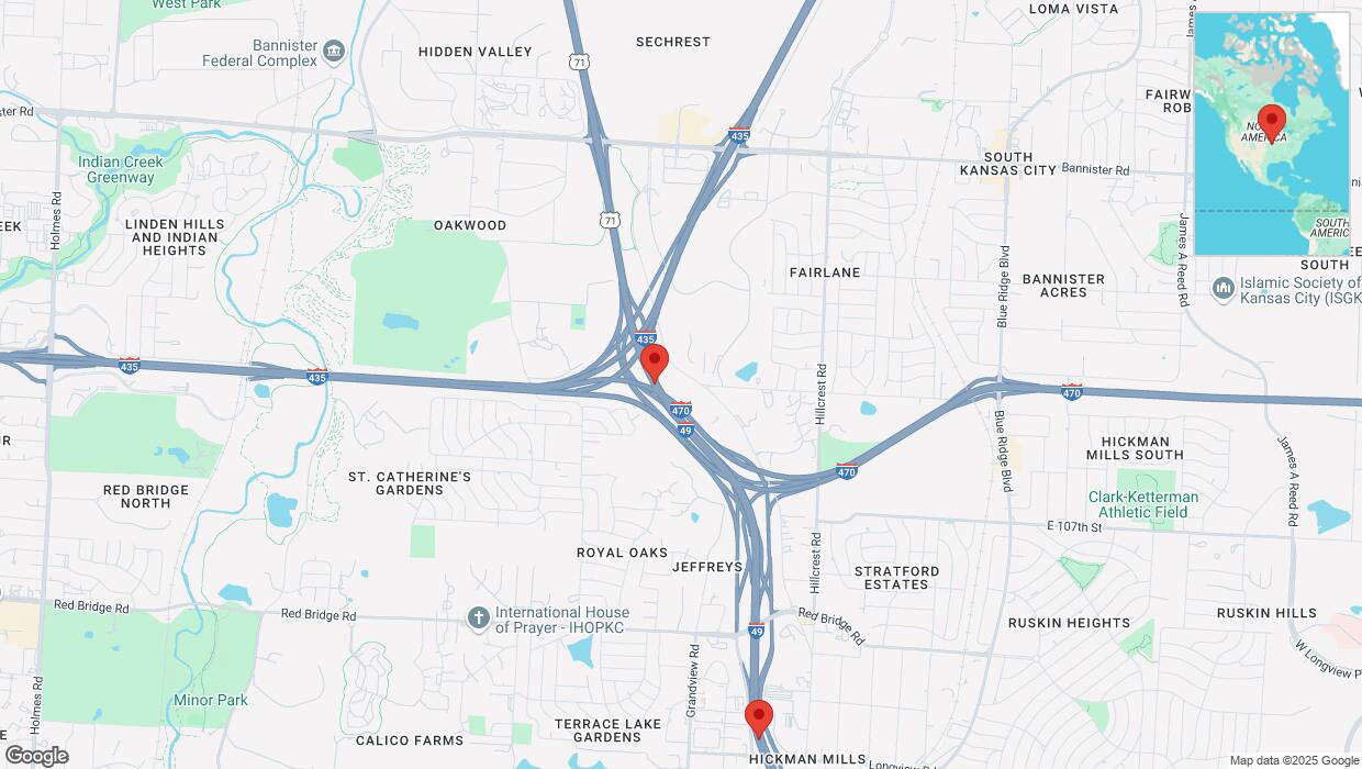 A detailed map that shows the affected road due to 'Heavy snowfall on southbound I-40/US-71 in Kansas City' on February 18th at 5:04 p.m.
