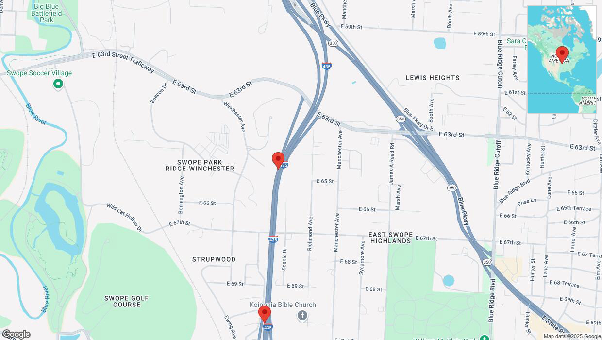 A detailed map that shows the affected road due to 'Crash reported on southbound I-435 in Kansas City' on February 18th at 5:04 p.m.