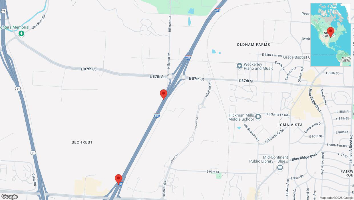 A detailed map that shows the affected road due to 'Heavy snowfall on southbound I-435 in Kansas City' on February 18th at 5:04 p.m.