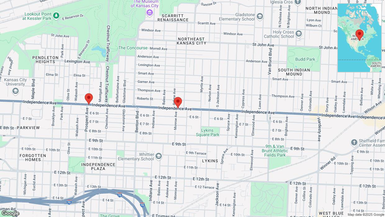 A detailed map that shows the affected road due to 'Heavy snowfall on eastbound Independence Avenue/US-24 in Kansas City' on February 18th at 5:10 p.m.