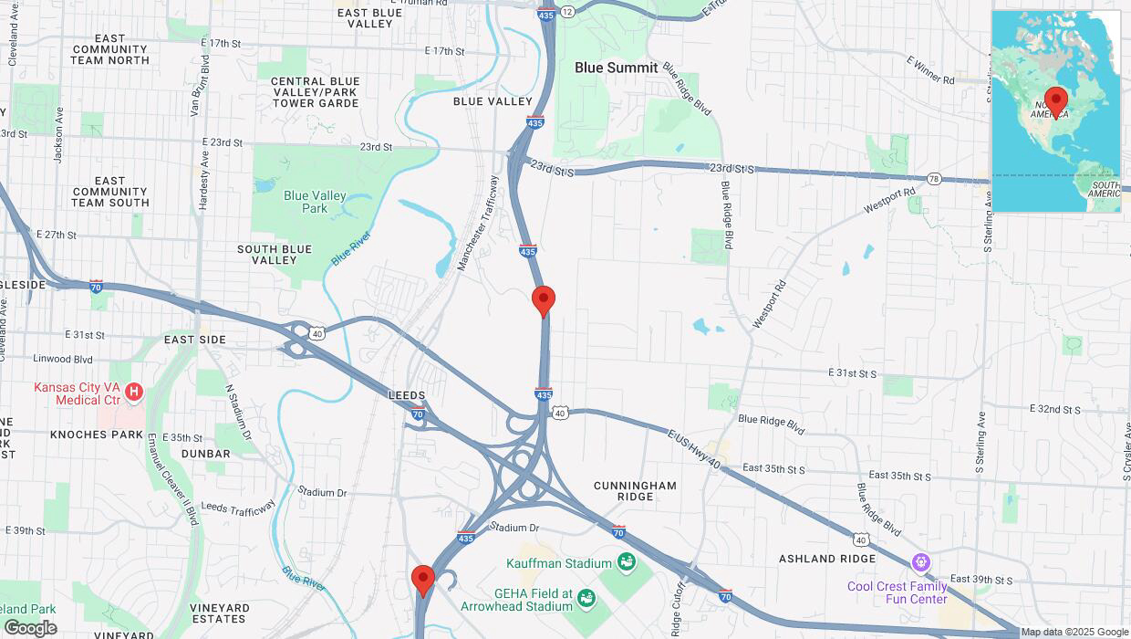 A detailed map that shows the affected road due to 'Heavy snowfall on southbound I-435 in Kansas City' on February 18th at 5:10 p.m.