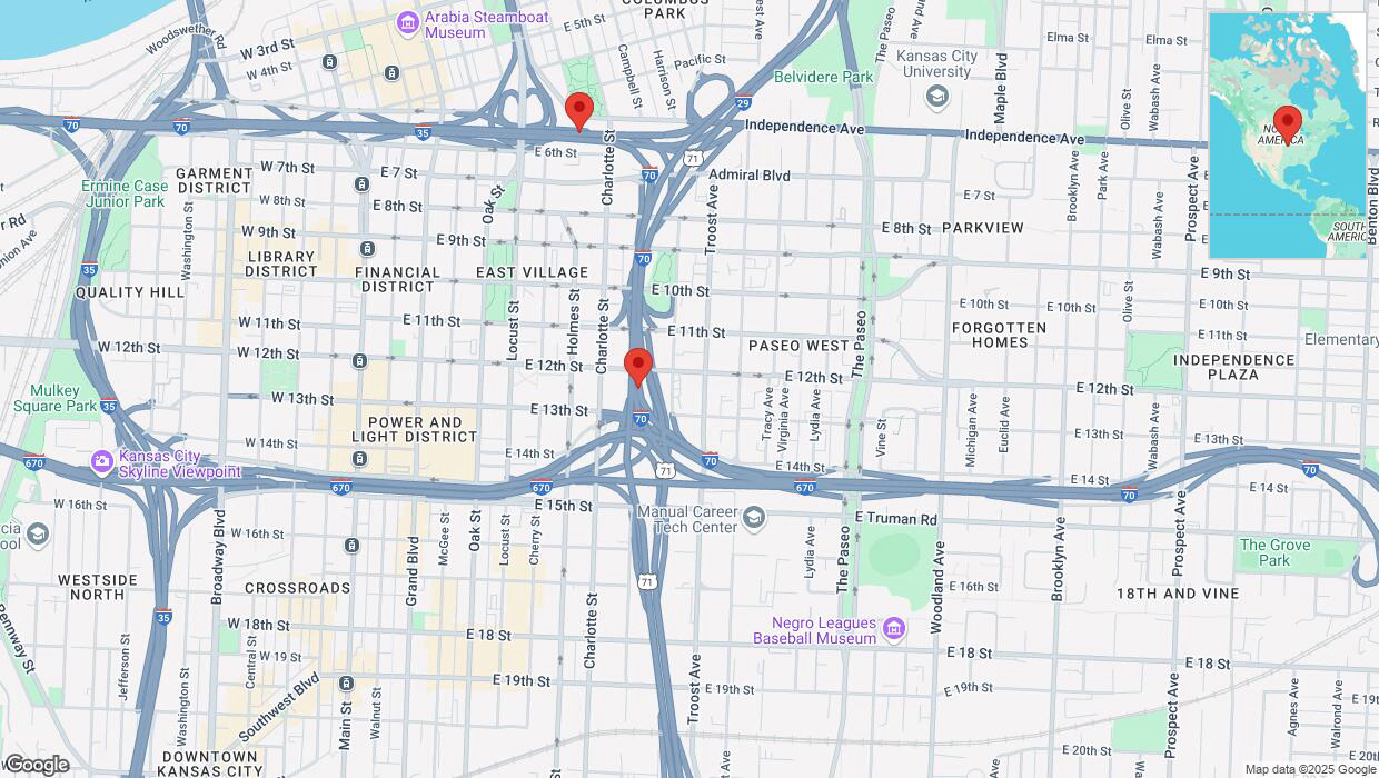 A detailed map that shows the affected road due to 'Heavy snowfall on northbound I-70 in Kansas City' on February 18th at 5:16 p.m.