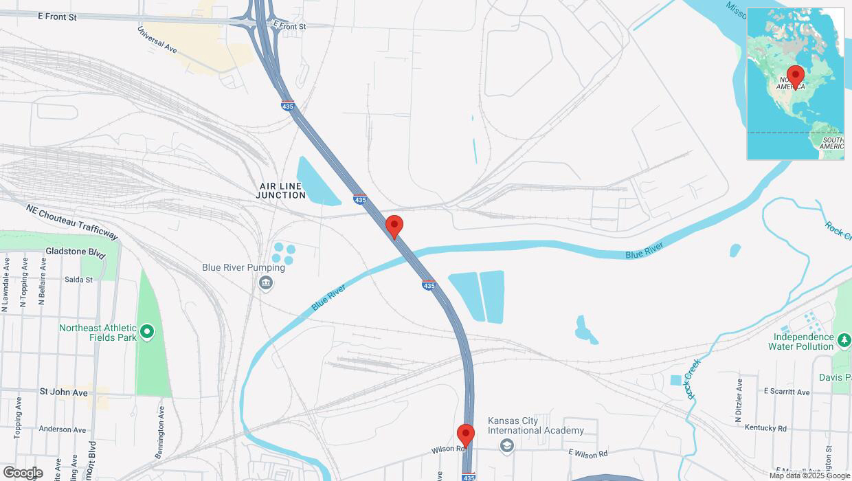 A detailed map that shows the affected road due to 'Heavy snowfall on southbound I-435 in Kansas City' on February 18th at 5:16 p.m.