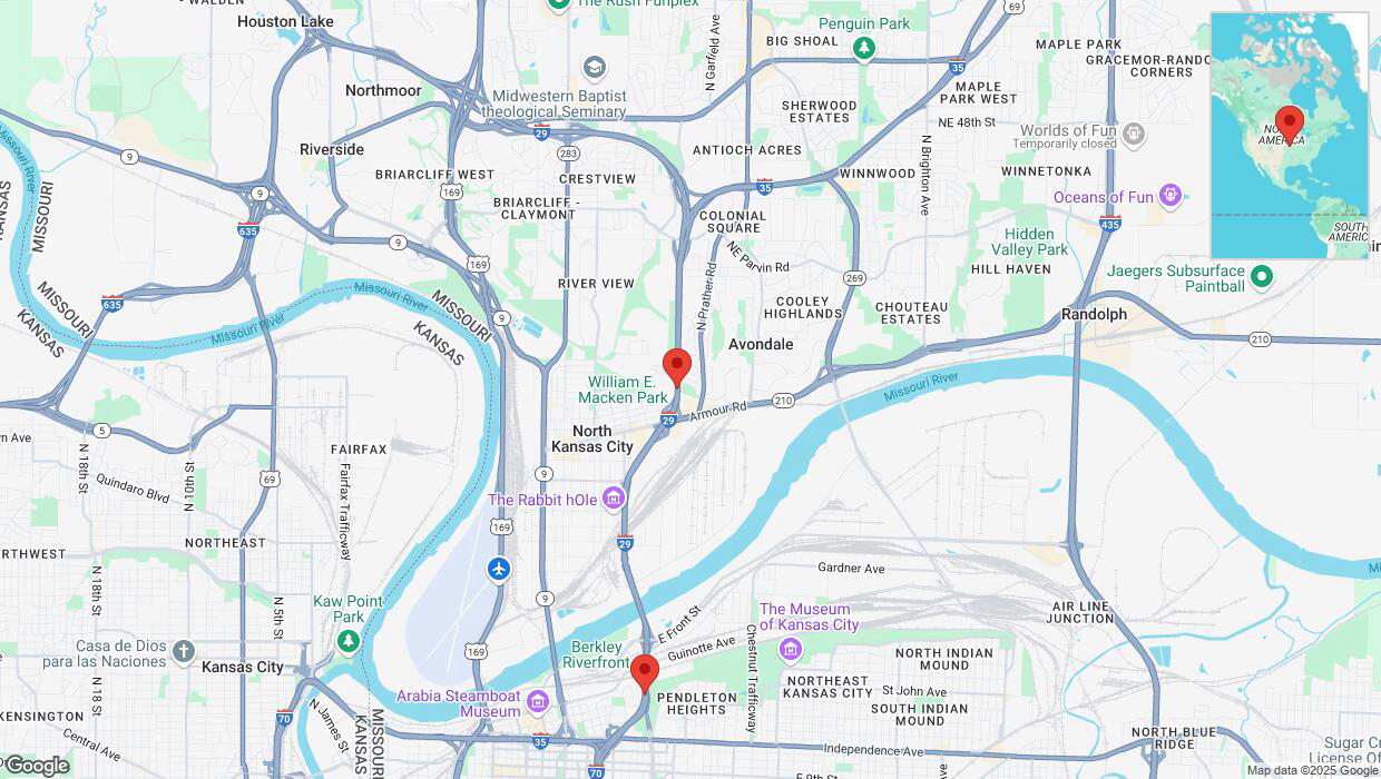 A detailed map that shows the affected road due to 'Heavy snowfall on southbound I-29/I-35 in North Kansas City' on February 18th at 5:16 p.m.