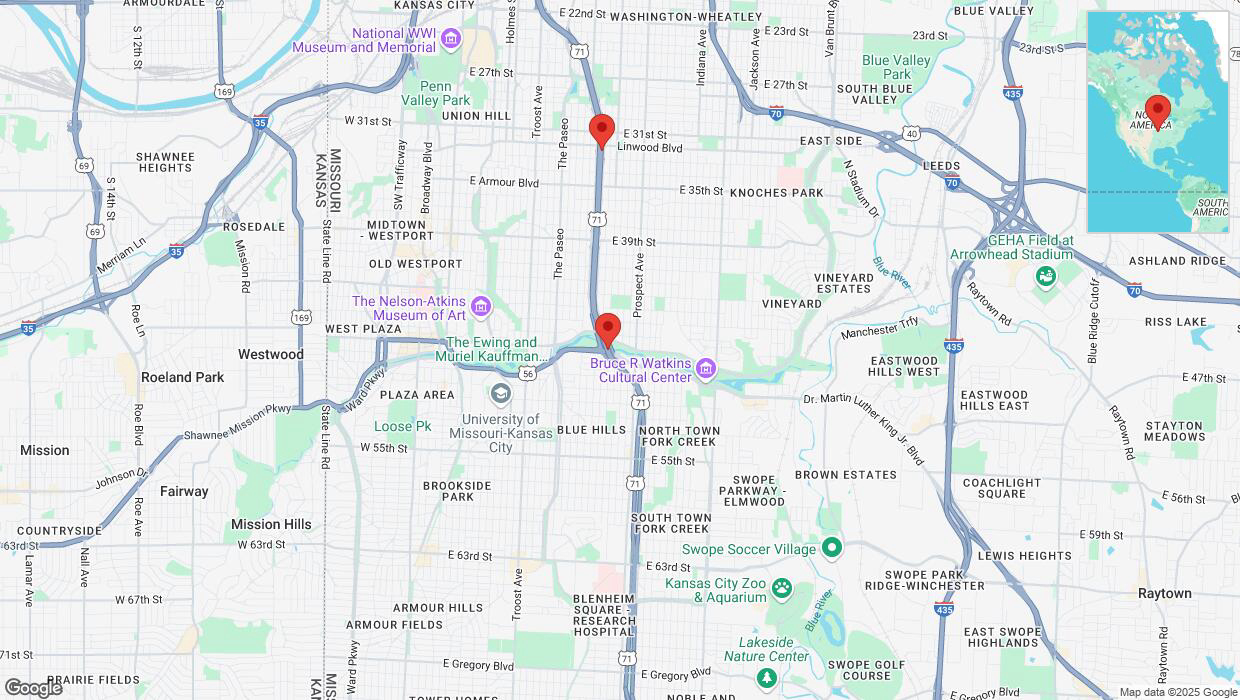 A detailed map that shows the affected road due to 'Heavy snowfall on northbound US-71 North in Kansas City' on February 18th at 5:22 p.m.