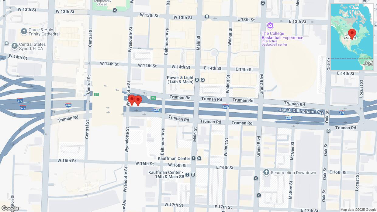 A detailed map that shows the affected road due to 'Broken down vehicle on eastbound I-670 in Kansas City' on February 18th at 5:46 p.m.