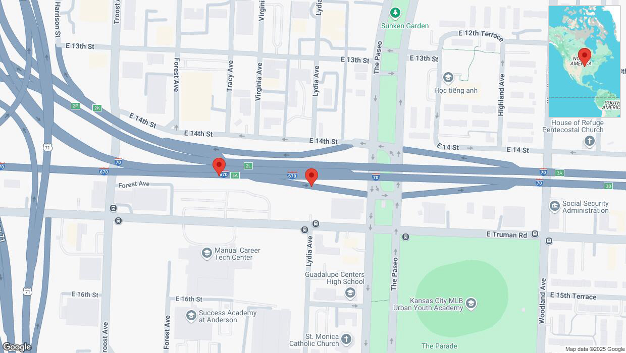 A detailed map that shows the affected road due to 'Broken down vehicle on East Truman Road in Kansas City' on February 18th at 5:52 p.m.