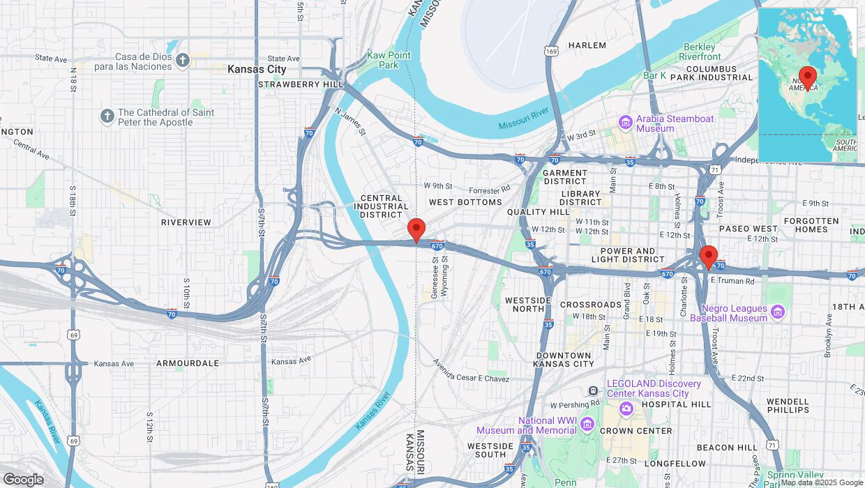 A detailed map that shows the affected road due to 'Heavy snowfall on eastbound I-670 in Kansas City' on February 18th at 8:02 p.m.