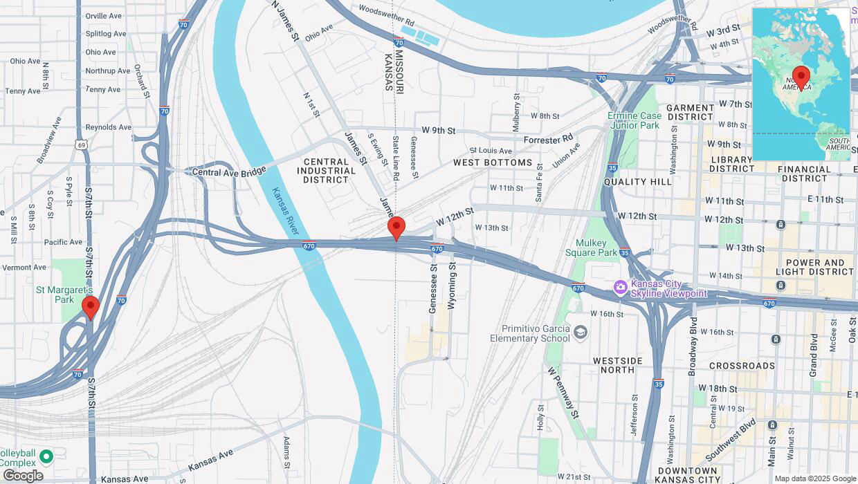 A detailed map that shows the affected road due to 'Heavy snowfall on westbound I-670 in Kansas City' on February 18th at 6:15 p.m.