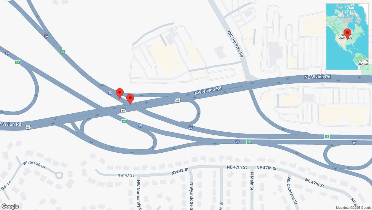 A detailed map that shows the affected road due to 'Crash reported on northbound I-29 in Kansas City' on February 18th at 6:15 p.m.