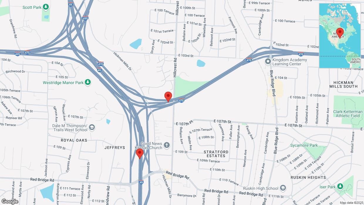 A detailed map that shows the affected road due to 'Heavy snowfall on Hillcrest Road in Kansas City' on February 18th at 6:15 p.m.