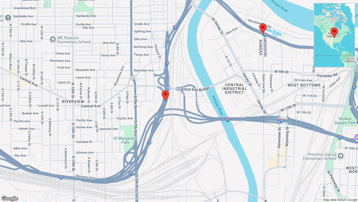 A detailed map that shows the affected road due to 'Heavy snowfall on eastbound I-70 in Kansas City' on February 18th at 6:15 p.m.