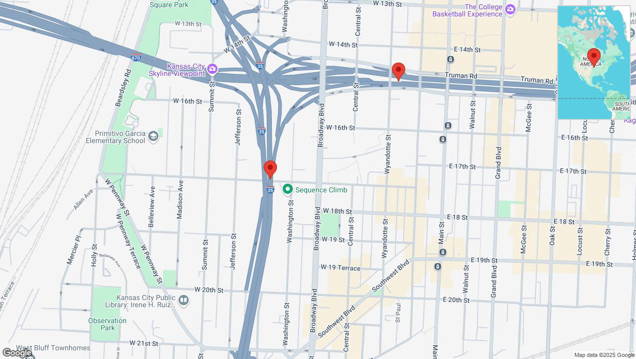 A detailed map that shows the affected road due to 'Heavy snowfall on West 17 Street in Kansas City' on February 18th at 6:15 p.m.