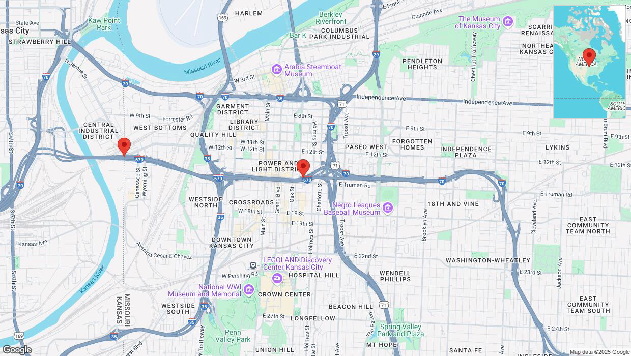 A detailed map that shows the affected road due to 'Heavy snowfall on westbound I-670 in Kansas City' on February 18th at 6:15 p.m.