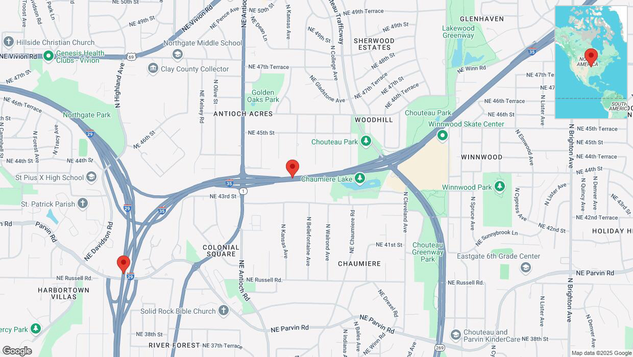 A detailed map that shows the affected road due to 'Heavy snowfall on southbound I-35 in Kansas City' on February 18th at 6:15 p.m.