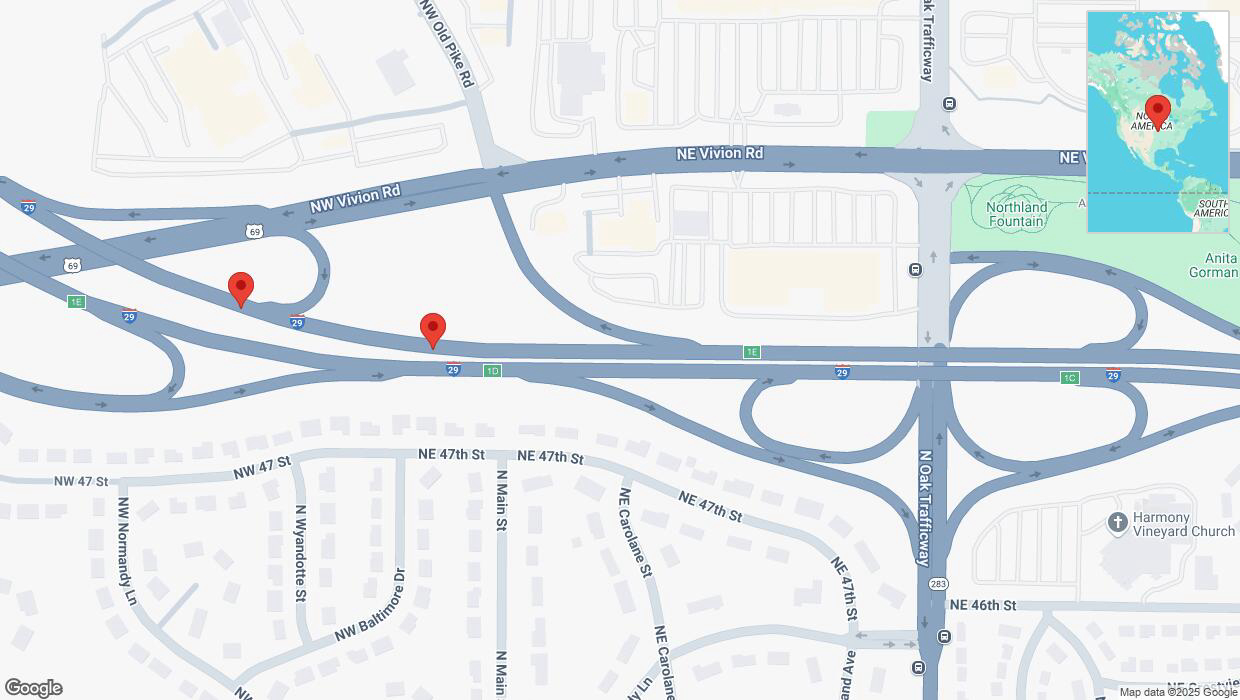 A detailed map that shows the affected road due to 'Warning in Kansas City: Crash reported on northbound I-29' on February 18th at 6:21 p.m.