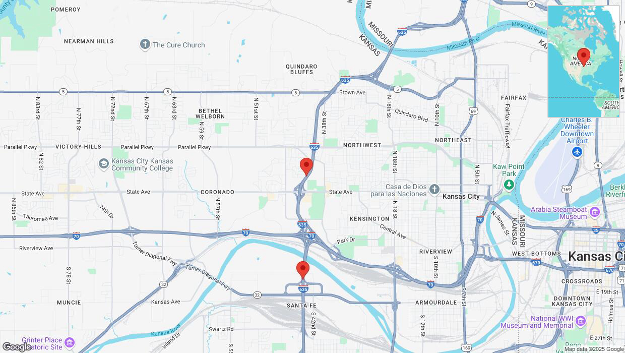 A detailed map that shows the affected road due to 'Heavy snowfall on southbound I-635 in Kansas City' on February 18th at 6:27 p.m.