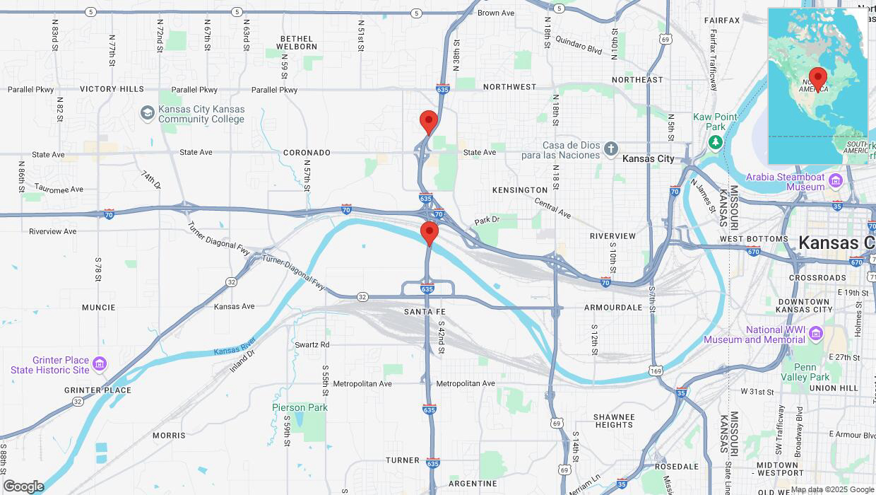 A detailed map that shows the affected road due to 'Heavy snowfall on northbound I-635 in Kansas City' on February 18th at 6:27 p.m.