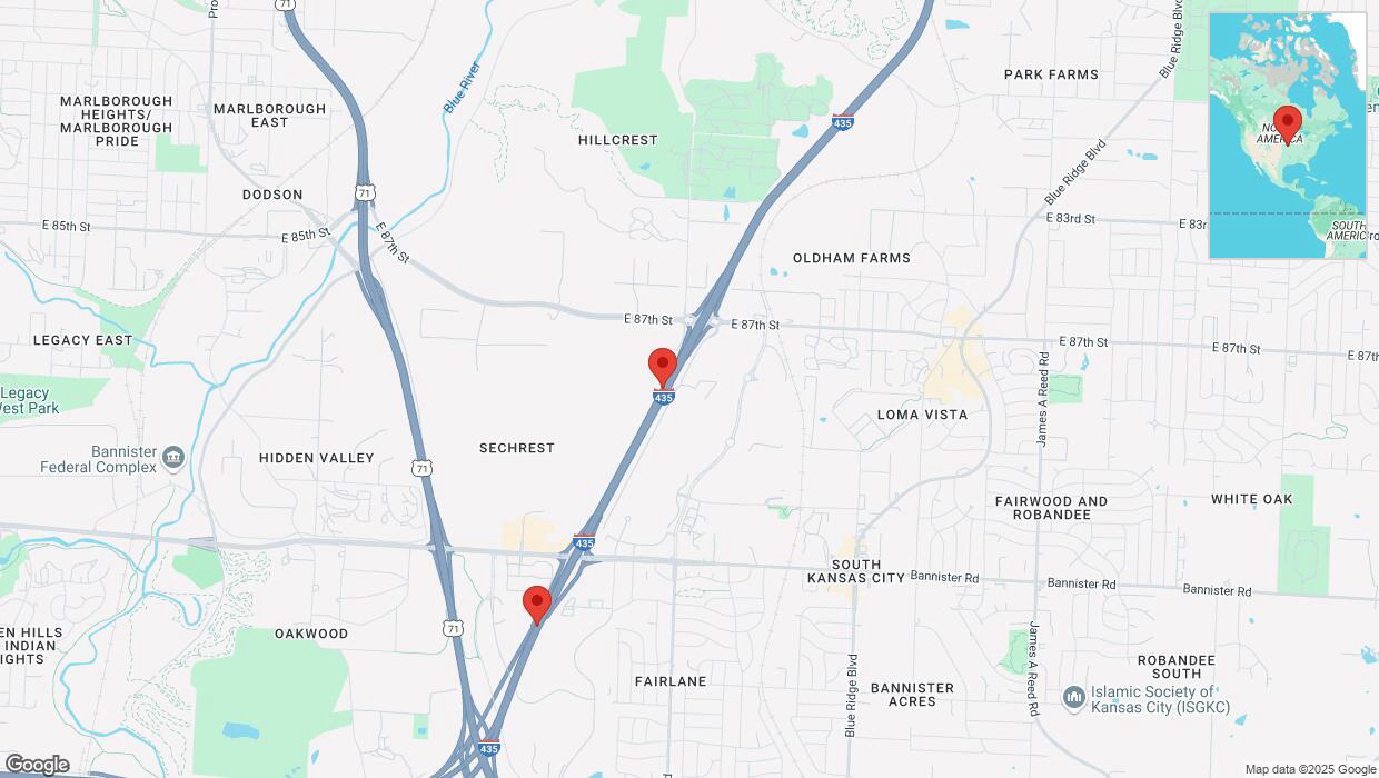 A detailed map that shows the affected road due to 'Heavy snowfall on southbound I-435 in Kansas City' on February 18th at 6:27 p.m.
