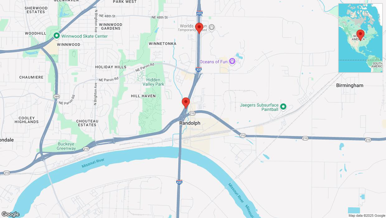 A detailed map that shows the affected road due to 'Heavy snowfall on northbound I-435 in Randolph' on February 18th at 6:27 p.m.
