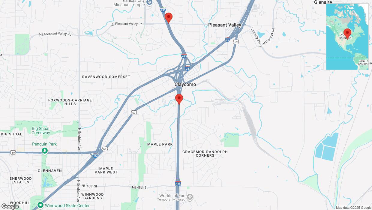 A detailed map that shows the affected road due to 'Heavy snowfall on northbound I-435 in Kansas City' on February 18th at 6:27 p.m.
