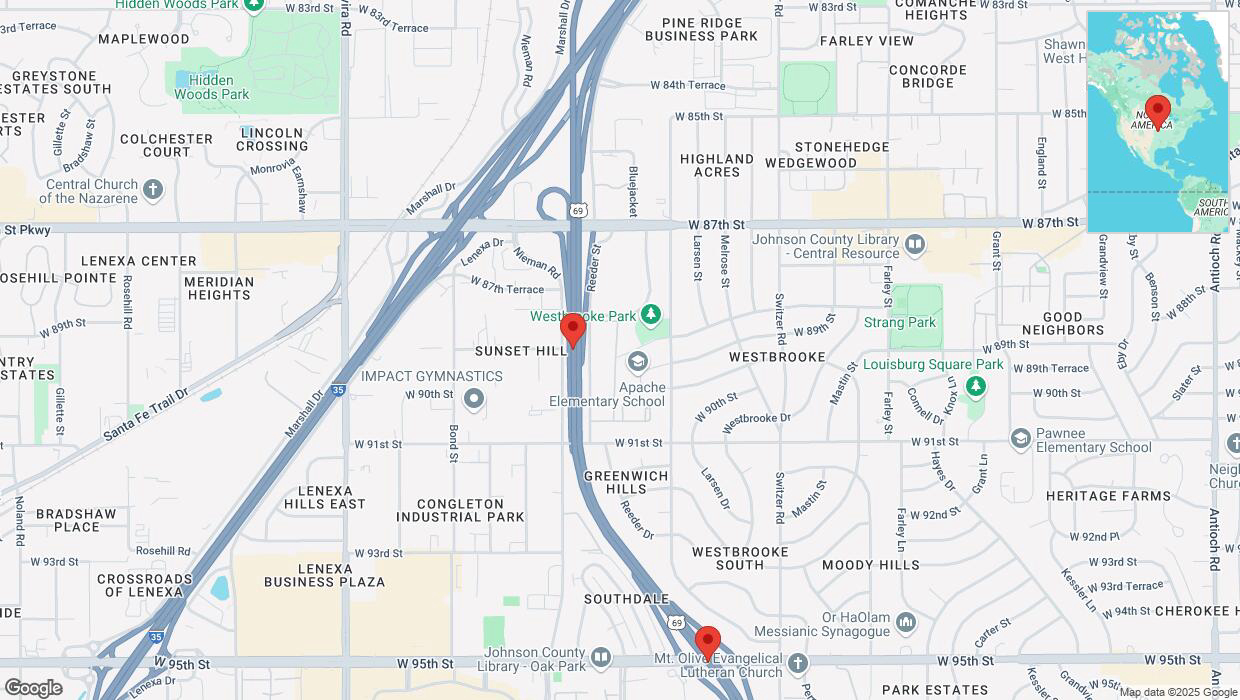 A detailed map that shows the affected road due to 'Heavy snowfall on southbound US-69 in Overland Park' on February 18th at 6:33 p.m.