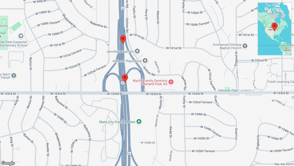 A detailed map that shows the affected road due to 'Broken down vehicle on northbound US-69 in Overland Park' on February 18th at 6:57 p.m.