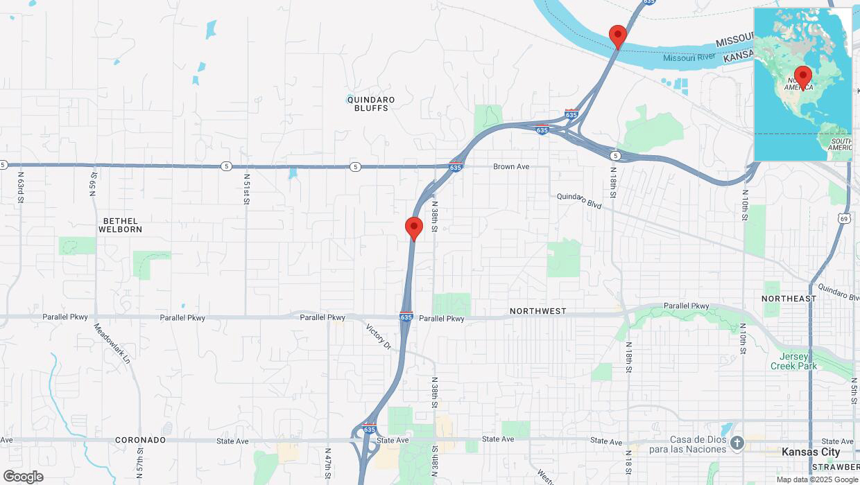 A detailed map that shows the affected road due to 'Heavy snowfall on northbound I-635 in Kansas City' on February 18th at 6:33 p.m.