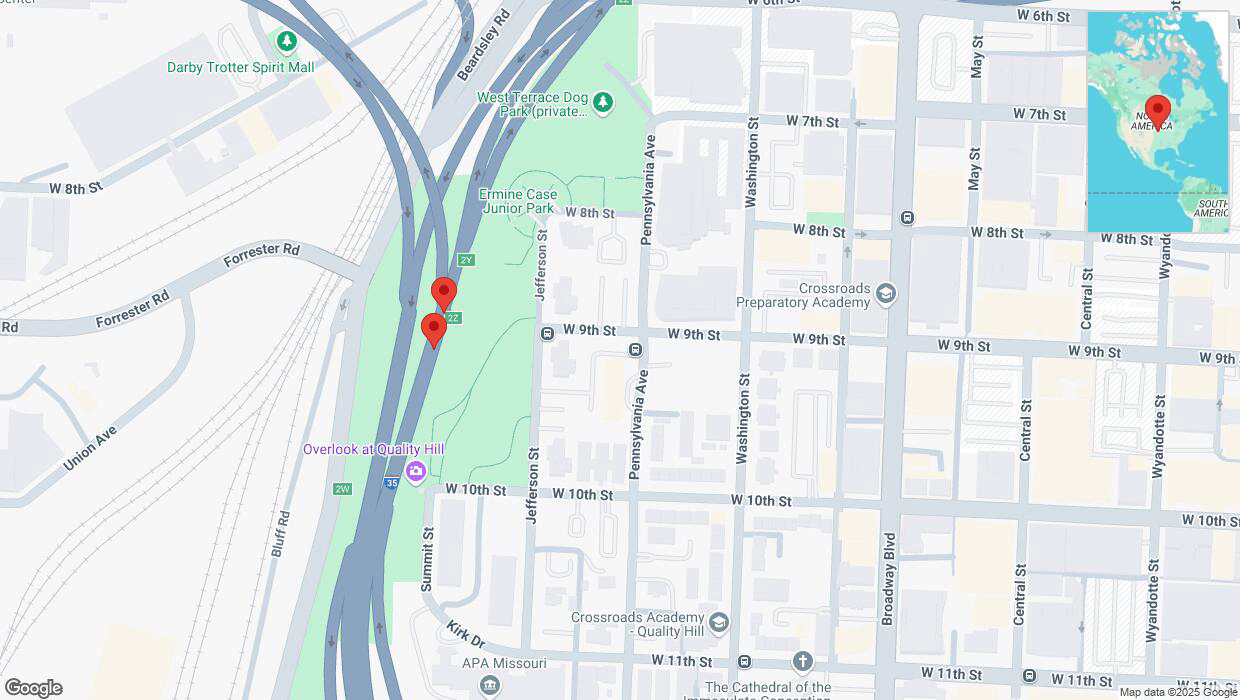 A detailed map that shows the affected road due to 'Broken down vehicle on northbound I-35 in Kansas City' on February 18th at 9:54 p.m.