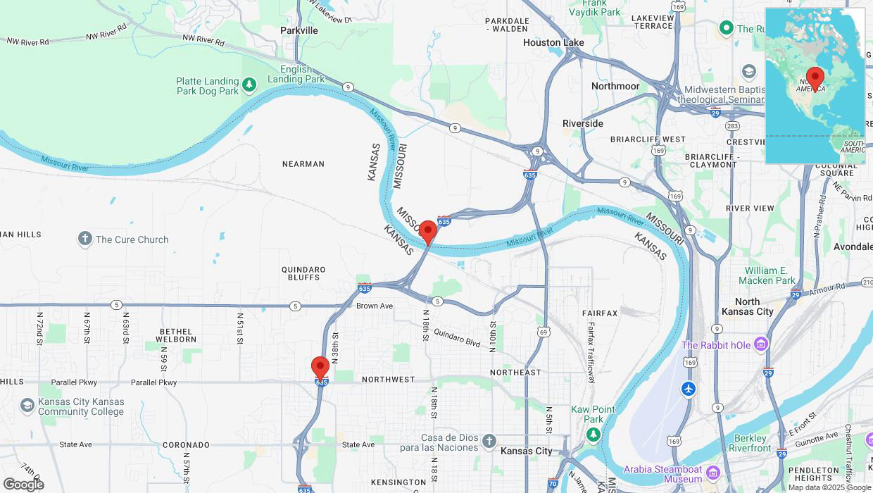 A detailed map that shows the affected road due to 'Heavy snowfall on westbound I-635 in Riverside' on February 18th at 6:33 p.m.