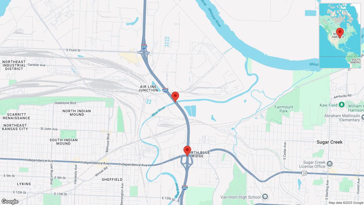 A detailed map that shows the affected road due to 'Heavy snowfall on southbound I-435 in Kansas City' on February 18th at 6:33 p.m.