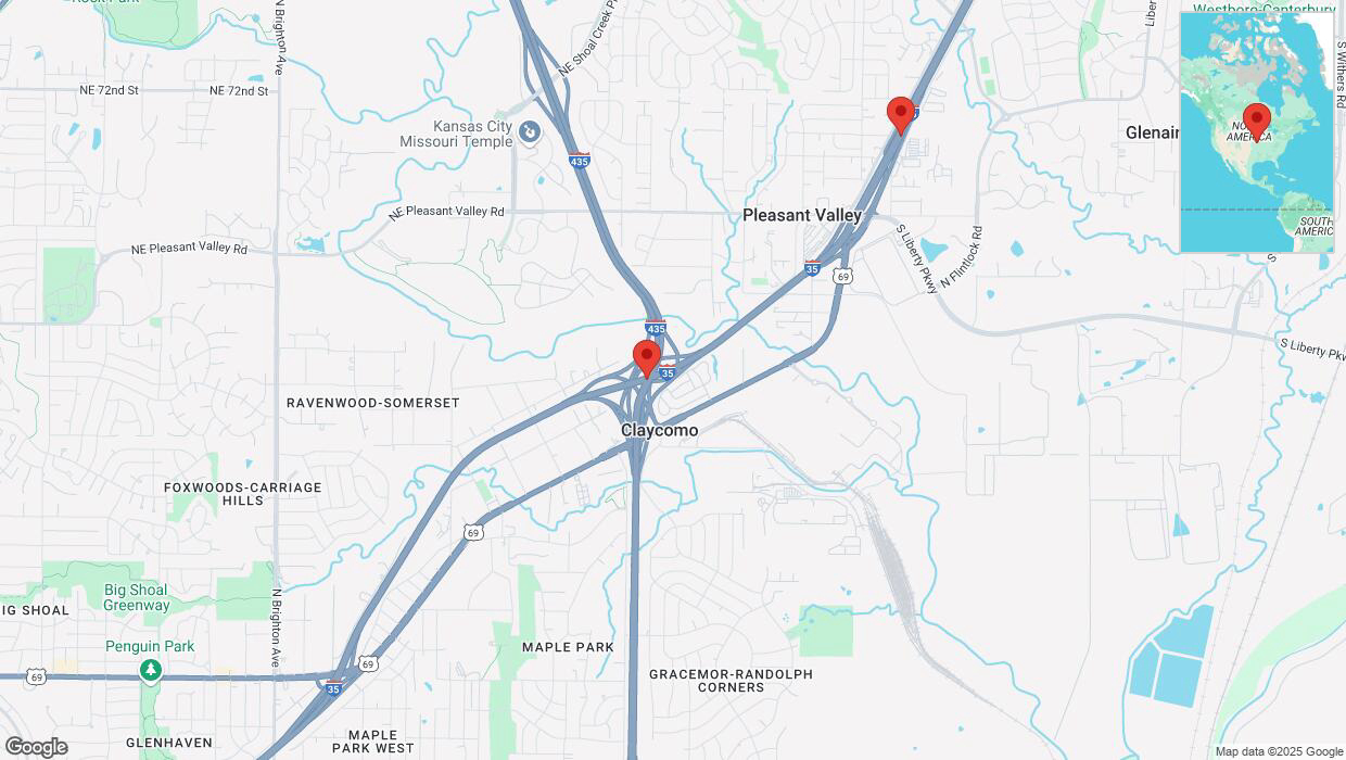 A detailed map that shows the affected road due to 'Heavy snowfall on northbound I-35 in Kansas City' on February 18th at 6:33 p.m.